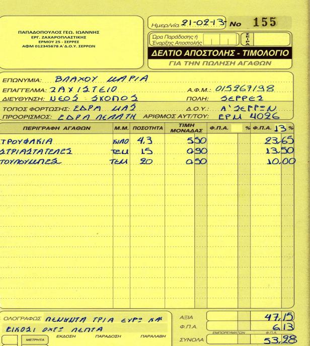 4.5 Υπόδειγμα καταχώρησης Τ-ΔΑ για Πώληση Αγαθών Καταχωρούνται στην καρτέλα τα στοιχεία του τιμολογίου και στα στοιχεία του συναλλασσόμενου πληκτρολογείται το ΑΦΜ πελάτη.