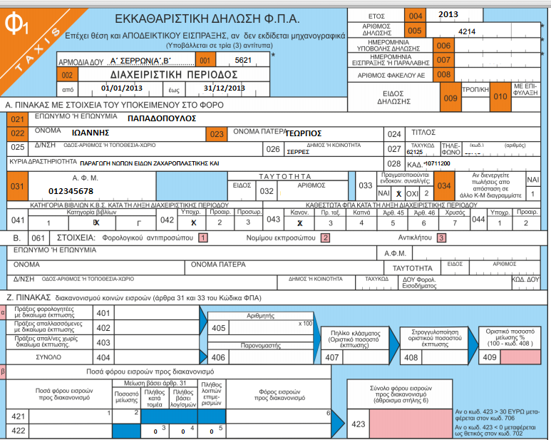 5.11 Εκκαθαριστική Δήλωση Φ.Π.Α. Στον πίνακα Α του εντύπου Φ1 συμπληρώνονται τα στοιχεία του υπόχρεου απεικόνισης συνναλλαγών, η κατηγορία τήρησης βιβλίων που τηρεί και το καθεστώς Φ.Π.Α. κατά τη λήξη της διαχειριστικής περιόδου.