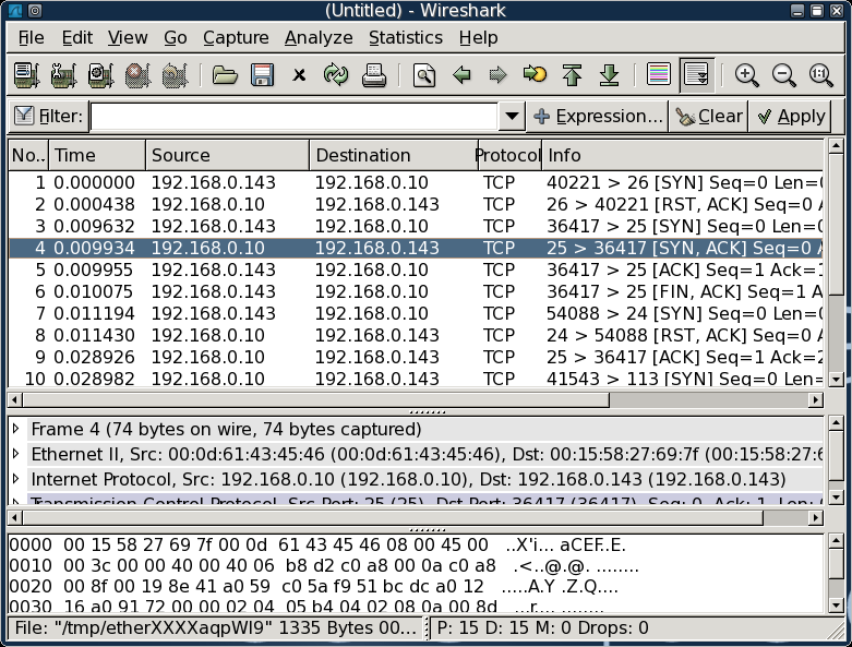 Εικόνα 5 Απεικόνιση του εργαλείου wireshark για τη σάρωση των θυρών 24-26 [Πηγή 22].