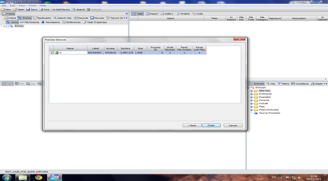 Εικόνα 34 Εύρεση της υπό έρευνας συσκευής (Encase) Επιλέγεται η γραμμή 3 (δηλαδή τη συσκευή G) και Next, οπότε εμφανίζεται μια νέα καρτέλα που