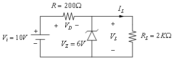 κύκλωμα με πύλες: 13 Έστω το παρακάτω κύκλωμα σταθεροποιητή τάσης: Η δίοδος zener λειτουργεί στην περιοχή διάσπασης. Να υπολογισθεί το ρεύμα στο φορτίο. α.