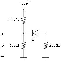 α. Με βάση το παραπάνω κύκλωμα η δίοδος D είναι σε κατάσταση αποκοπής. Επομένως: I=0A και V = 10 V/2-15V/2 = -2,5V. β. Με βάση το παραπάνω κύκλωμα η δίοδος D είναι σε κατάσταση αποκοπής. Επομένως: I=0A και V = 10 V - 15V = -5V.