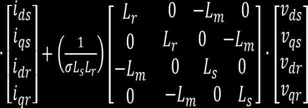 Εάν στην θέση των ροών επιλεγούν τα ρεύματα, ως μεγέθη στο χώρο κατάστασης, το ισοδύναμο μοντέλο της DFIG εκφράζεται ως ακολούθως, στο σύγχρονο πλαίσιο αναφοράς : Αναλύοντας στις συνιστώσες d q,