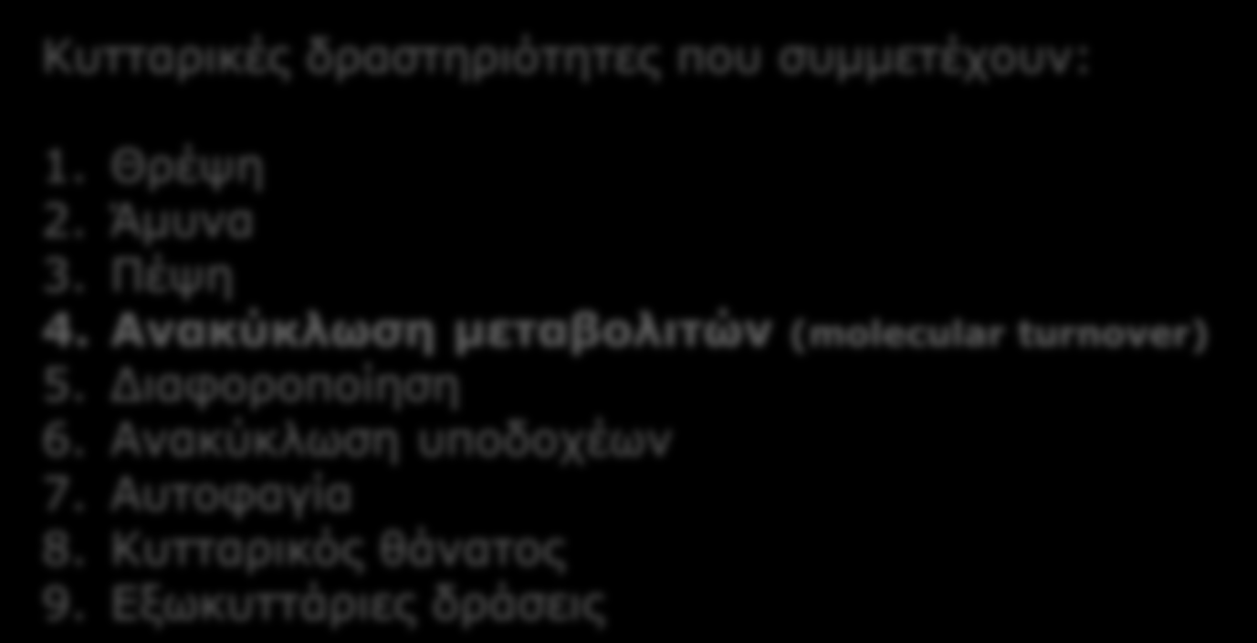 ΛΕΙΤΟΥΡΓΙΑ Κυτταρικές δραστηριότητες που συμμετέχουν: 1. Θρέψη 2. Άμυνα 3. Πέψη 4.