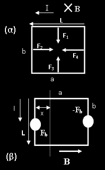 Δύναμη σε ρευματοφόρο πλαίσιο Πλαίσιο σε μαγνητικό πεδίο. (α) Η διεύθυνση του μαγνητικού πεδίου Β είναι κάθετη στη σελίδα και έχει φορά προς τα μέσα Συμβολίζεται με το σύμβολο x.
