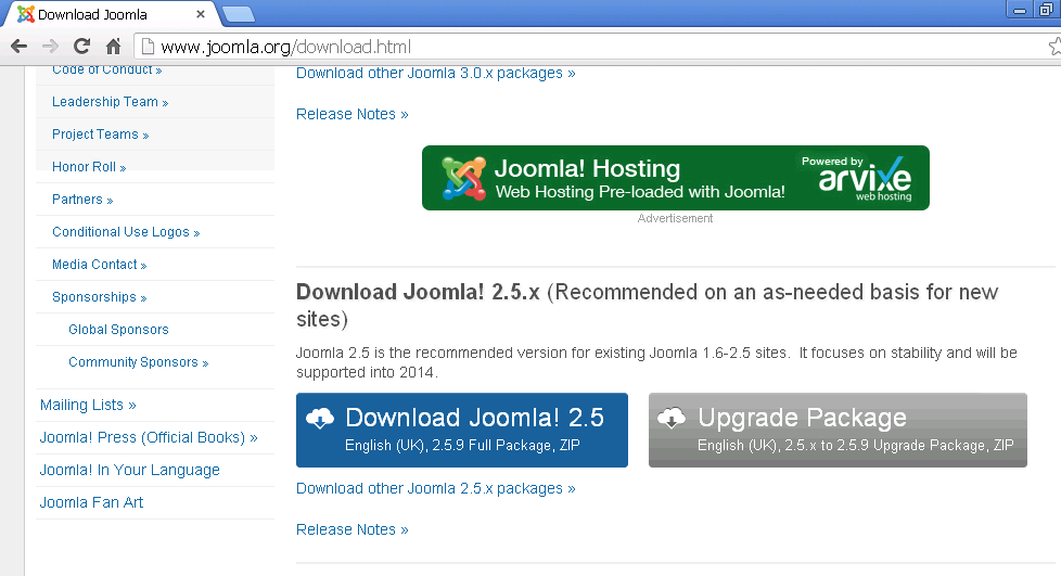 2.1.2 Λήψη και εγκατάσταση joomla 2.5 LTS Για να κάνουμε λήψη της εφαρμογής Joomla 2.5 LTS θα πάμε στη σελίδα www.joomla.org και θα εμφανιστεί η επόμενη σελίδα όπου θα επιλέξουμε να κάνουμε λήψη του αρχείου 2.