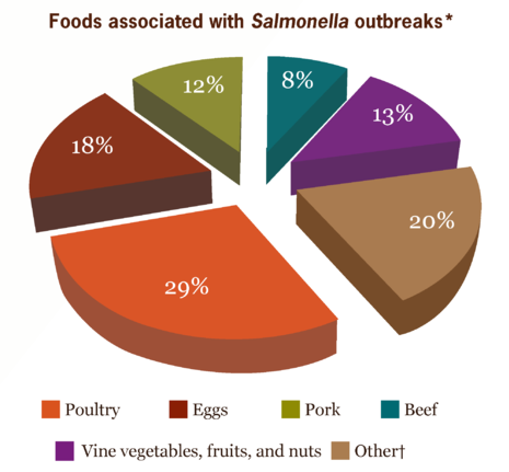 Εικόνα 1.2: Τρόφιμα τα οποία σχετίζονται με κρούσματα από Salmonella spp. (* αυτά τα μολυσμένα συστατικά ή τρόφιμα σχετίζονται με το 1/3 των κρουσμάτων από Salmonella spp. στις Η.Π.Α.