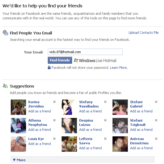 Επίσης μπορούμε να χρησιμοποιήσουμε και την επιλογή Εύρεση Φίλων (Friend Finder) όπου μπορείς να επιλέξεις να βρεις τους φίλους σου μέσα από το E-mail σου.