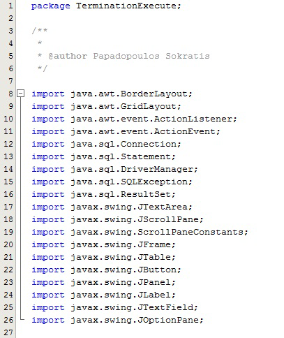 Υλοποίηση Αλγορίθμου Κεφάλαιο 4 4.3.2 Η κλάση TerminationModel Η κλάση TerminationModel εισάγει πολλαπλά πακέτα κλάσεων τύπου java.awt, java.swing και java.sql (Εικ. 4.2).