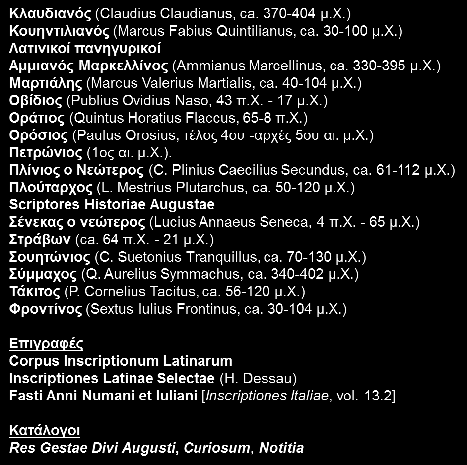 Αρχαίες γραπτές πηγές για την ρωμαϊκή τοπογραφία Αρχαία Γραμματεία Περίοδος της Δημοκρατίας Αππιανός (Appianus, ca. 95-165 μ.χ.) Βάρρων (Varro, 116-27 π.χ.) Διόδωρος Σικελιώτης (ca. 80-20 π.χ.) Διονύσιος Αλικαρνασσεύς (ca.