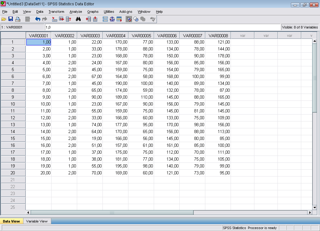 3 ο ΚΕΦΑΛΑΙΟ Εισαγωγή Δεδομένων στο SPSS Η εισαγωγή των δεδομένων στον Data Vew πραγματοποιείται έχοντας υπόψη ότι οι γραμμές του πίνακα αντιστοιχούν σε περιπτώσεις (στο παράδειγμα οι ασθενείς) και