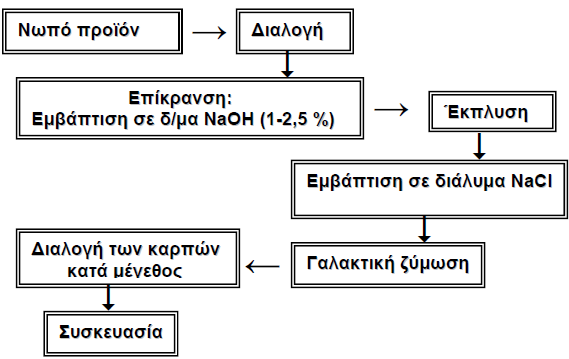 Εικόνα 6.5. Διάγραμμα ροής επεξεργασίας επιτραπέζιων πράσινων ελιών (Romero et al.. 2004) Συλλογή και Μεταφορά καρπών Το χρώμα των ελιών που θα πρέπει να συγκομιστούν θα είναι πράσινο ή πρασινοκίτρινο.