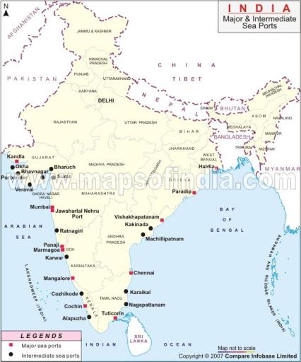 Στην Ινδία υπάρχουν 12 μεγάλα και 13 μεσαίου μεγέθους λιμάνια, μέσω των οποίων διέρχονται όλες οι εισαγωγές στη χώρα 3.
