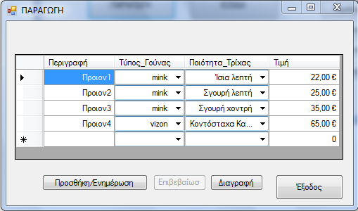 Εγχειρίδιο Χρήσης ΠΑΡΑΓΩΓΗ Εδώ καταχωρούμε τα προϊόντα που μπορούμε να εξάγουμε/πουλήσουμε από τη φάρμα μας. 1. Πατάμε το πλήκτρο προσθήκη 2. Ορίζουμε ΤΙΤΛΟ προϊοντος 3.