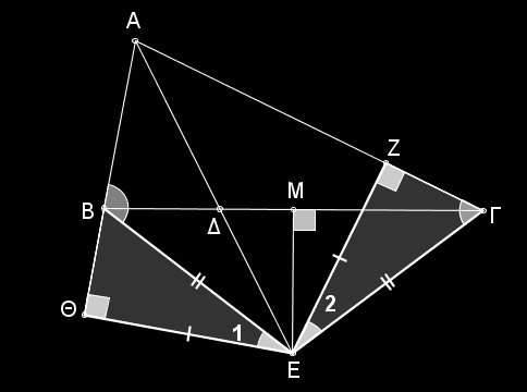 http://www.mathematica.gr/forum/viewtopic.php?f=14&t=44444 ΘΕΜΑ 787 Στο τρίγωνο AB του παρακάτω σχήματος η κάθετη από το μέσο M της B τέμνει την προέκταση της διχοτόμου A στο σημείο E.