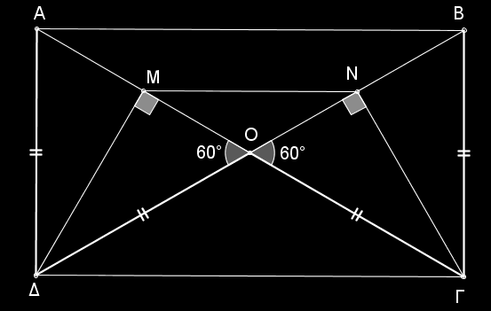 http://www.mathematica.gr/forum/viewtopic.php?f=14&t=44444 β) Αν από το φέρουμε κάθετη στη B, να αποδείξετε ότι το MN είναι ισοσκελές τραπέζιο. (Μονάδες 1) α.i.οι διαγώνιοι του παραλληλογράμμου διχοτομούνται και είναι ίσες.