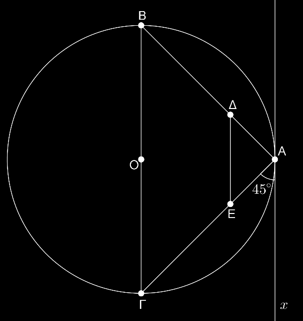 Γεωμετρία Κεφάλαι 6: Εγγεγραμμένα σχήματα ΑΣΚΗΣΗ (2_5623) Θεωρύμε κύκλ διαμέτρυ ΒΓ. Φέρυμε την εφαπτμένη τυ κύκλυ σε σημεί τυ Α ώστε να σχηματίζει με τη χρδή ΑΓ γωνία 45.
