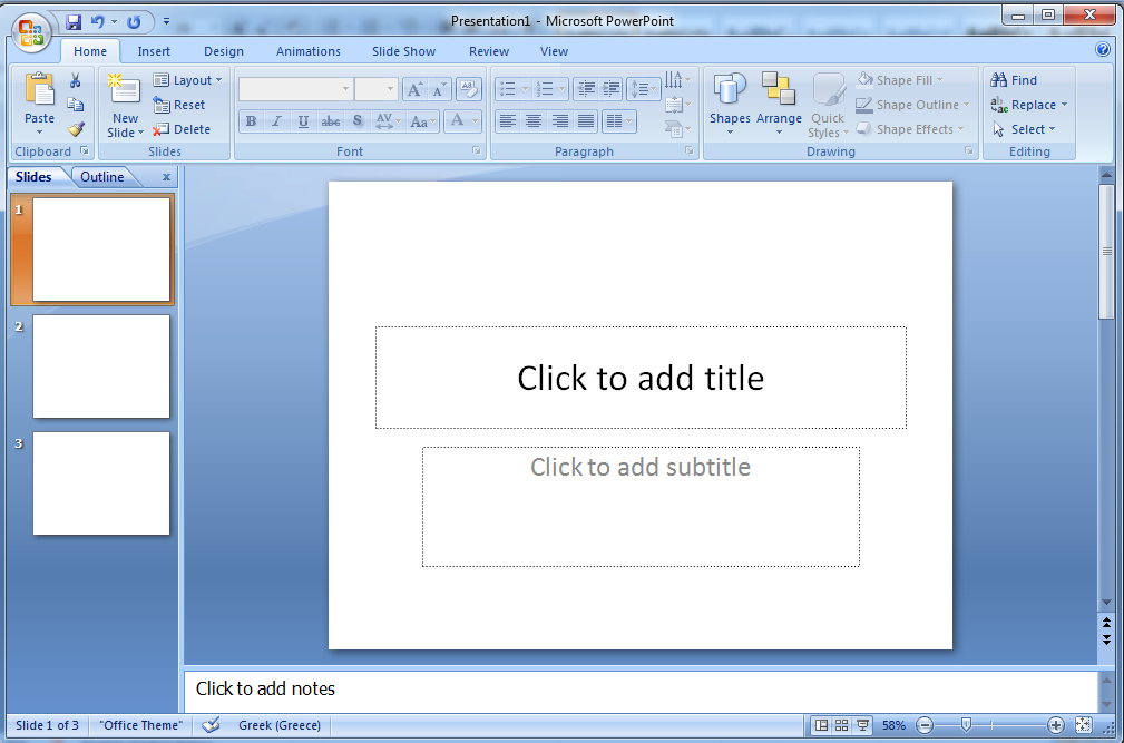 2.1 Η οθόνη του Microsoft Office PowerPoint Τα βασικά στοιχεία της οθόνης του Microsoft Office PowerPoint 2007, όπως φαίνονται στην παρακάτω εικόνα είναι τα εξής: Κουμπί Office Γραμμή εργαλείων