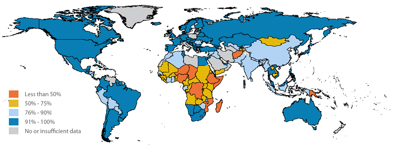 Κατανομή του νερού σε διάφορες χώρες. Χάρτης 1: Επίπεδο κάλυψης των αναγκών σε πόσιμο νερό των χωρών του πλανήτη.