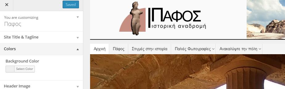 Από το «Site Title & Tagline», συμπληρώνεται το πεδίο του «Site Title», ώστε στη καρτέλα του φυλλομετρητή να εμφανίζεται η λέξη «Πάφος».