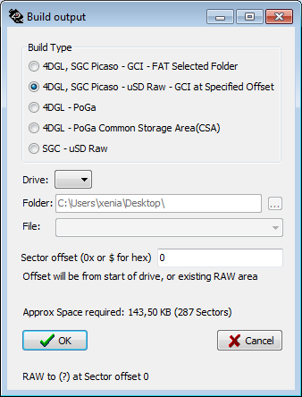 Εικόνα 35. Ρυθμίσεις πλατφόρμας. Build type: αφορά τον τύπο της οθόνης. Για την οθόνη μoled-160-gfx ο κατάλληλος τύπος είναι 4DGL, SGC Picaso usd Raw GCI at Specified Offset.