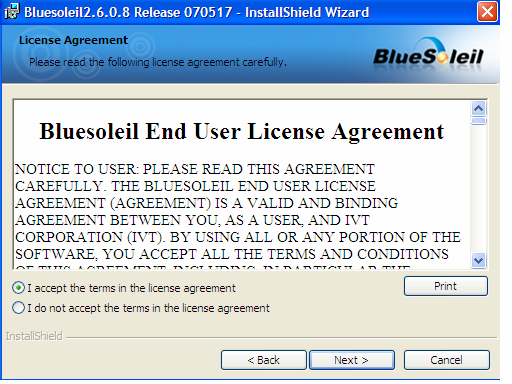 4. Επιλέξτε I accept the terms in the license agreement και πατήστε Yes. Εικόνα 14: Στάδιο Εγκατάστασης λογισµικού BlueSoleil 6 για την εξωτερική συσκευή Bluetooth (Βήµα 4) 5.