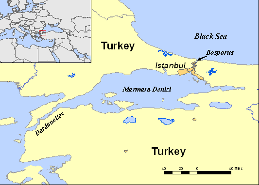 Τα Στενά Βοσπόρου- αρδανελίων (Bosporus and Dardanelles Strait) Συζητήθηκε ότι ο Εύξεινος Πόντος (Μαύρη Θάλασσα) είναι µία (µικρή µεν, αλλά αρκετά ευµεγέθης δε) εσωτερική θάλασσα που εµπερικλείεται