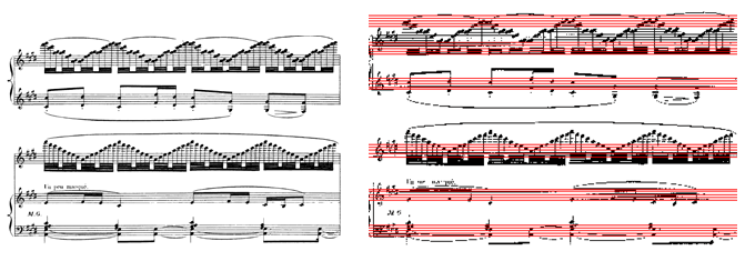 Εικόνα 3. 39: Ravel Jeux d eau, απόσπασμα από σελίδα 12 [52], Παρατηρείται ότι υπάρχει περιττός αριθμός πενταγράμμων. Στο κάτω «ευρύτερο» σύστημα περιλαμβάνονται τρία πεντάγραμμα.