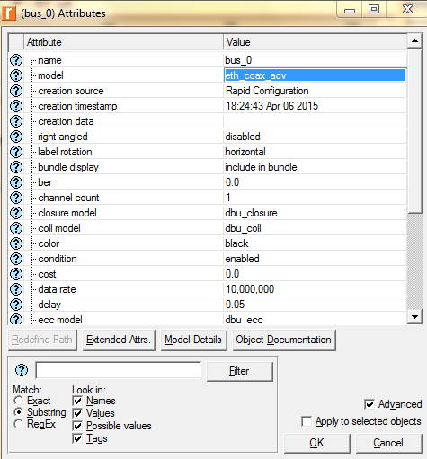 1. Πατήστε στην τιμή της ιδιότητας model _ Από το πτυσσόμενο μενού επιλέξτε Edit ->Επιλέξτε το μοντέλο eth_coax_adv. 2. Στην ιδιότητα delay (καθυστέρηση) καταχωρίστε την τιμή 0.