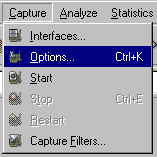 Τα βήματα για τη ρύθμιση ενός φίλτρου σύλληψης είναι τα επόμενα: -επιλέγουμε capture (Σύλληψη) > options (Επιλογές).