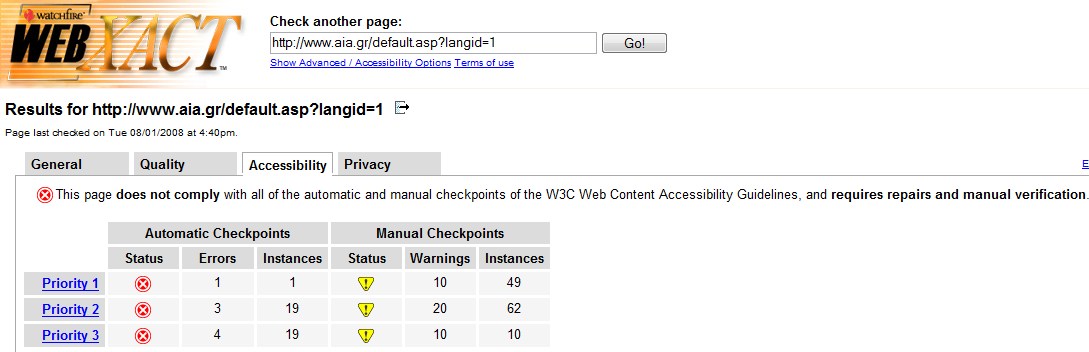 WEBXACT Σν WebXact (κεηαγελέζηεξε κνξθή ηνπ Bobby) ήηαλ ίζσο ην πιεξέζηεξν δσξεάλ εκη απηφκαην εξγαιείν αμηνιφγεζεο δηαδηθηπαθήο πξνζβαζηκφηεηαο.