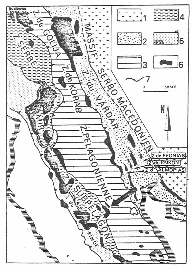 Χάρτης 2.5.1: Σκαρίφηµα των ζωνών Σερβοµακεδονικής, Αξιού (Vardar), Πελαγονικής και Υποπελαγονικής, στο οποίο διαφαίνονται οι 3 ζώνες του Αξιού, Παιονία, Πάικο και Αλµωπία (Μουντράκης, 1988).