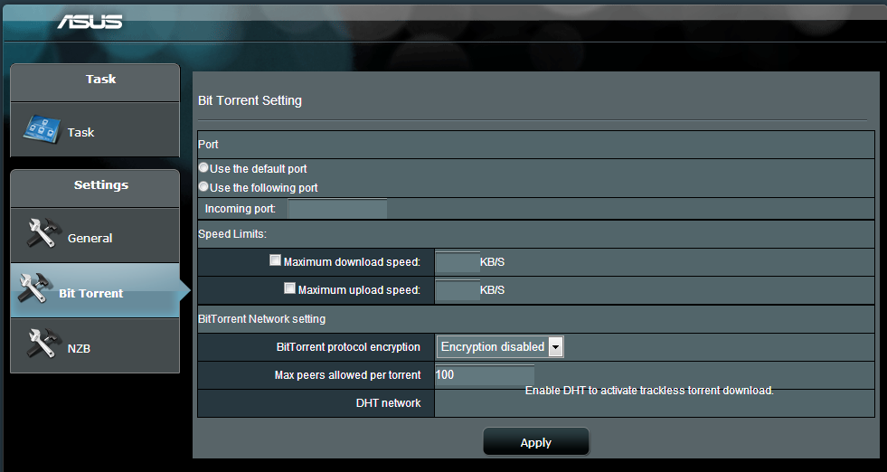 5. Χρησιμοποιήστε τον πίνακα πλοήγησης για να διαμορφώσετε τις ρυθμίσεις για προχωρημένους. 5.4.1 Διαμόρφωση των ρυθμίσεων λήψης Bit Torrent Για να διαμορφώσετε τις ρυθμίσεις λήψης BitTorrent: 1.