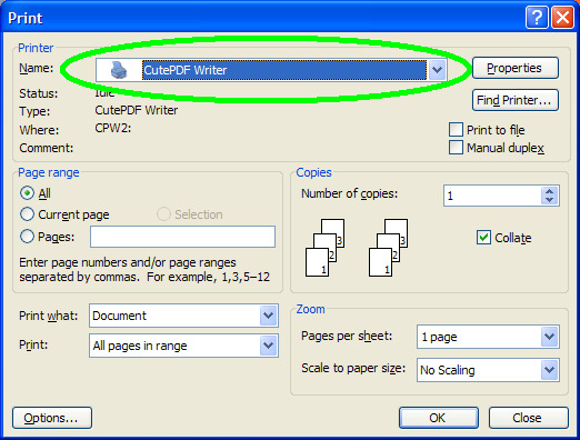 Εικόνα 9: Εκτύπωση του αρχείου κειµένου στο PDF Printer Κατά την εκτύπωση θα ζητηθεί από το χρήστη να εισάγει ένα όνοµα για το αρχείο PDF καθώς και τοποθεσία για την αποθήκευσή