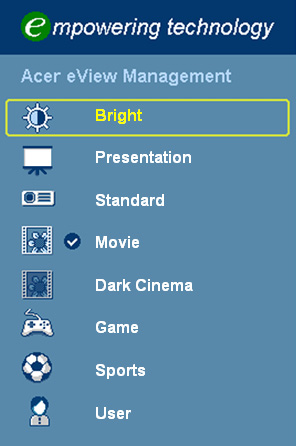 και "Acer epower Management". Πατήστε το κουμπί " " για περισσότερο από ένα δευτερόλεπτο για να εκτελέσετε το κύριο μενού της προβολής στην οθόνη για να αλλάξετε τη λειτουργία του.