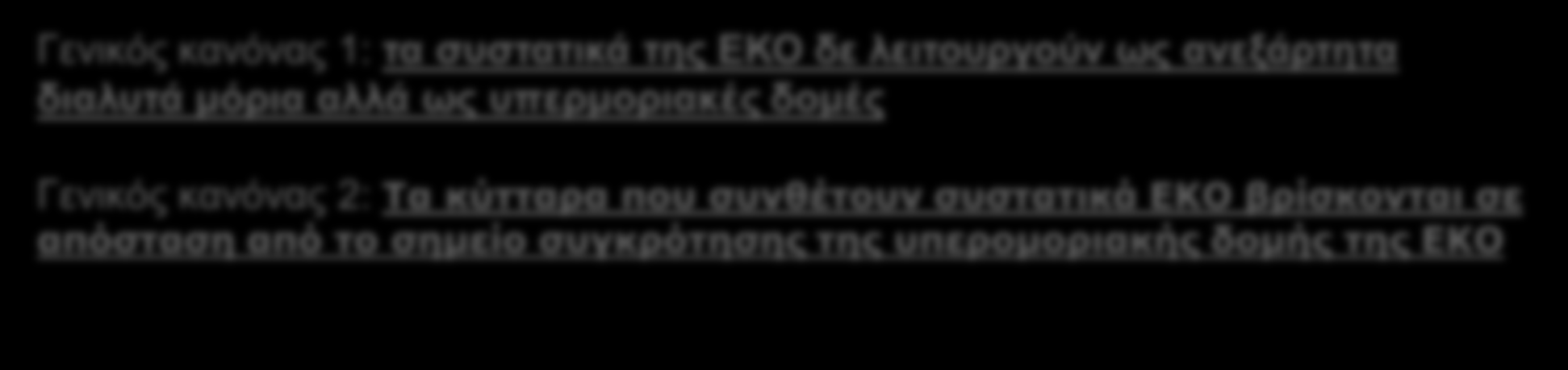 ΥΠΕΡΜΟΡΙΑΚΗ ΟΡΓΑΝΩΣΗ ΕΞΩΚΥΤΤΑΡΙΑΣ ΟΥΣΙΑΣ Γενικός κανόνας 1: τα συστατικά της ΕΚΟ δε λειτουργούν ως ανεξάρτητα διαλυτά μόρια αλλά ως υπερμοριακές δομές Γενικός κανόνας 2: