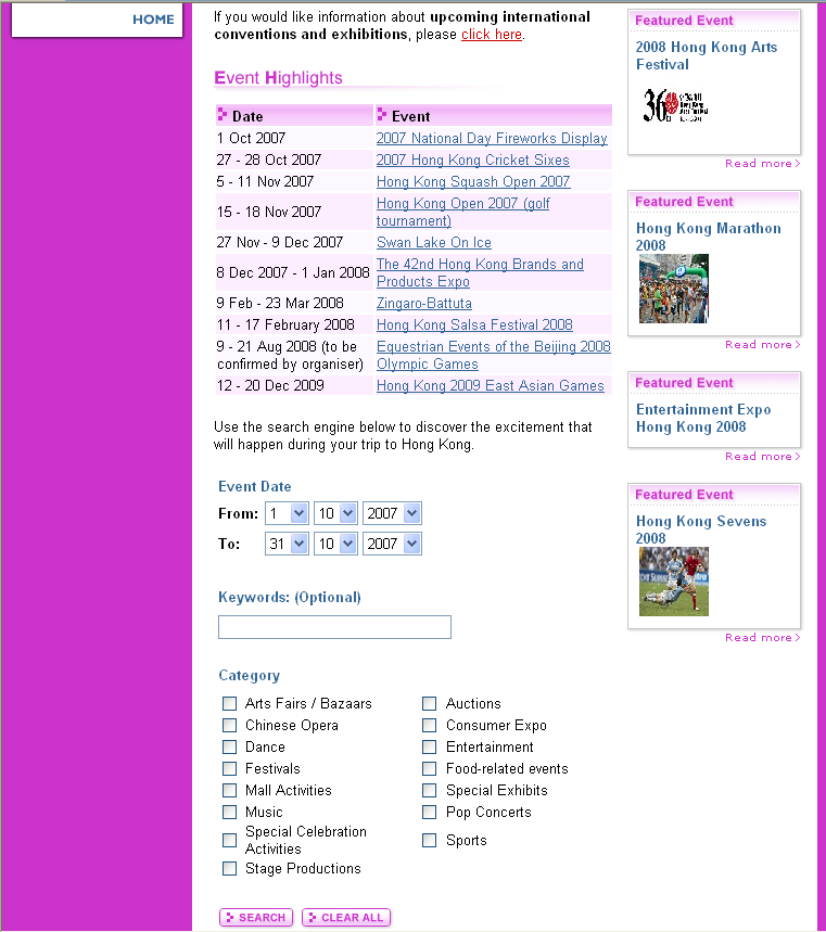 Δηθόλα 6.4. Ζιεθηξνληθό Events Calendar ηνπ Hong Kong Tourism Board Πεγή: HKTB (2007) Ηδηαέηεξε ζεκαζέα πξϋπεη λα δνζεέ ζηηο γλώζζερ πνπ ζα ππνζηεξέδεη ε δηθηπαθά πχιε.