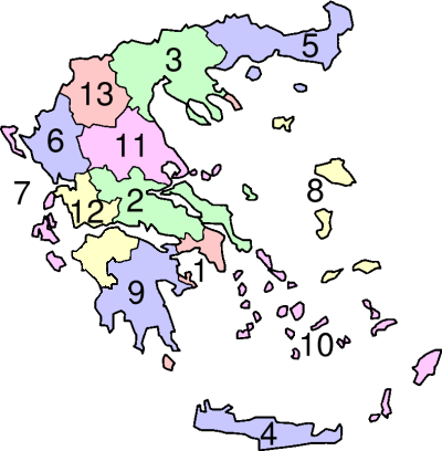 Ο χάρτης που ακολουθεί εµφανίζει τις 13 γεωγραφικές περιφέρειες της Ελλάδος και αναπαριστά την έλλειψη παροχής εκπαιδευτικών ευκαιριών για επαγγελµατική κατάρτιση των Αµεα.