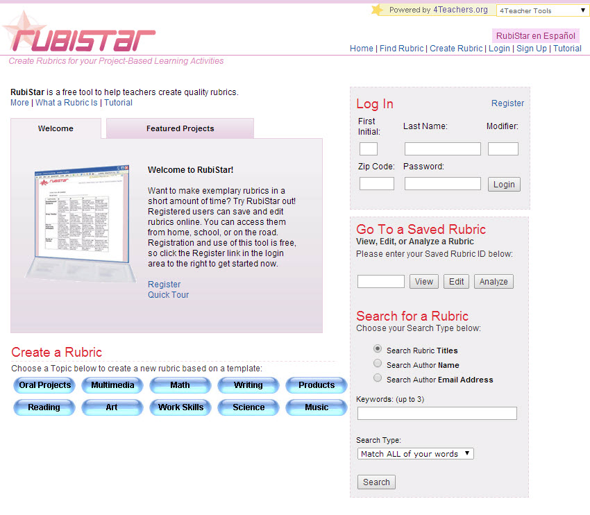 5.6.1 Teacher Planet Rubistar Το Rubistar (http://rubistar.4teachers.org/) αποτελεί ένα εργαλείο ρουμπρίκων αξιολόγησης της διαδικτυακής κοινότητας Teacher Planet.