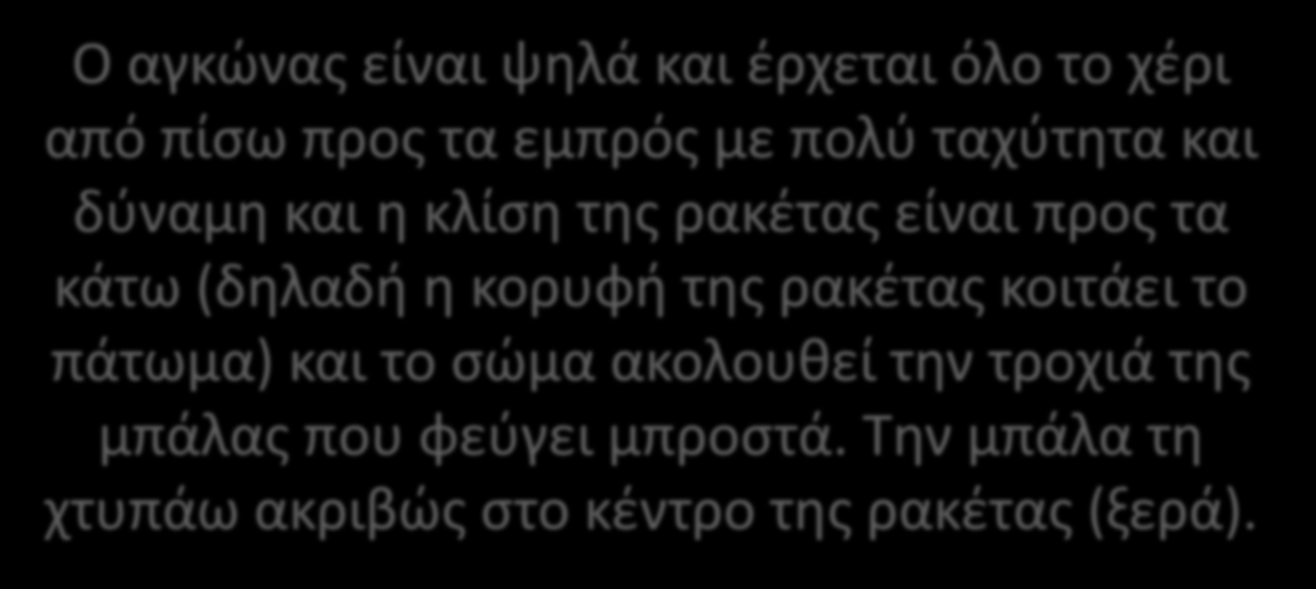 ΣΕΡΒΙΣ ΓΡΗΓΟΡΟ Ο αγκώνας είναι ψηλά και έρχεται όλο το χέρι από πίσω προς τα εμπρός με πολύ ταχύτητα και δύναμη και η κλίση της ρακέτας είναι προς τα κάτω (δηλαδή