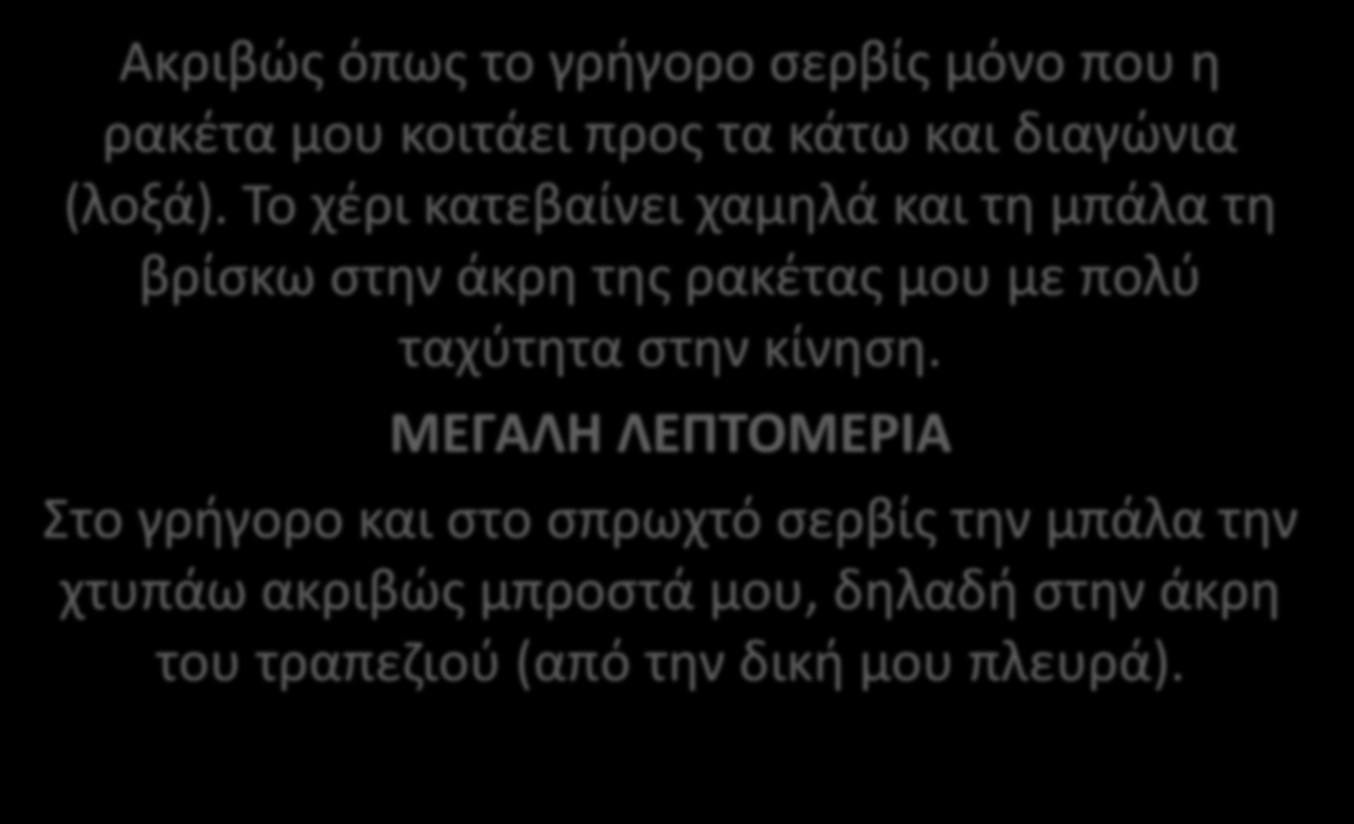 ΣΕΡΒΙΣ ΣΠΡΩΧΤΟ Ακριβώς όπως το γρήγορο σερβίς μόνο που η ρακέτα μου κοιτάει προς τα κάτω και διαγώνια (λοξά).