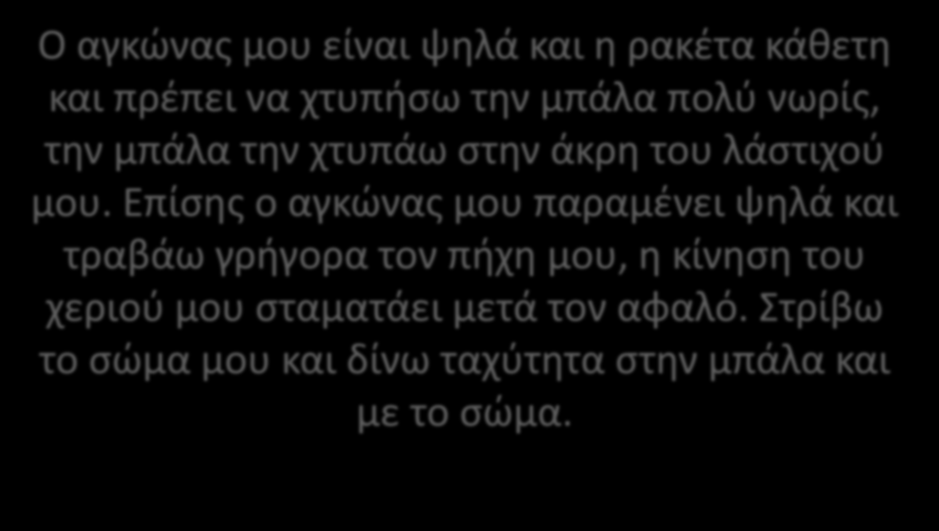 ΣΕΡΒΙΣ ΠΑΝΩ ΦΑΛΤΣΟ Ο αγκώνας μου είναι ψηλά και η ρακέτα κάθετη και πρέπει να χτυπήσω την μπάλα πολύ νωρίς, την μπάλα την χτυπάω στην άκρη του λάστιχού μου.