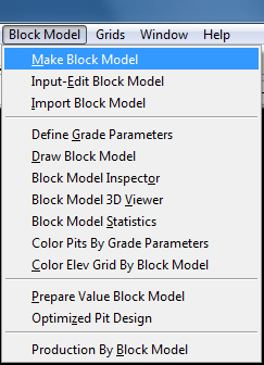 4.4.1 Δημιουργία μοντέλου κυψελίδων (Block Model) Από την καρτέλα «Block Model» διαλέγεται η επιλογή «Make Block Model» (εικόνα 4.15).