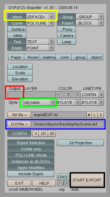 Εικόνα 7.8: Dxf exporter (1 κίτρινη σηµείωση) Ο τρόπος αποθήκευσης των meshes. Στην περίπτωση της παρούσας εφαρµογής ρυθµίζεται στα 3DFACEs.