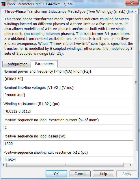 Σχήμα 3. 6 Στην καρτέλα Parameters του Block Parameter του μετασχηματιστή ορίζονται με τη σειρά: Η ονομαστική φαινόμενη ισχύς και η συχνότητα λειτουργίας.