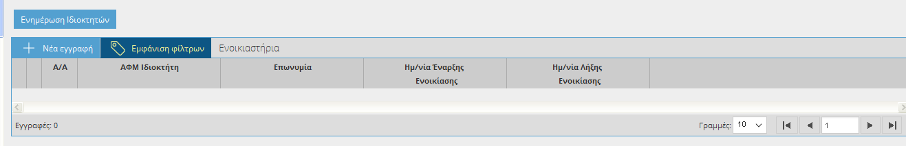 Προκειμένου να γίνει η σύνδεση του εν λόγω ενοικιαστηρίου με τους ιδιοκτήτες που αναγράφονται σε αυτό, πατάμε το κουμπί Καταχώρηση και ενεργοποιείται το πλήκτρο Ενημέρωση Ιδιοκτητών στα Αναλυτικά