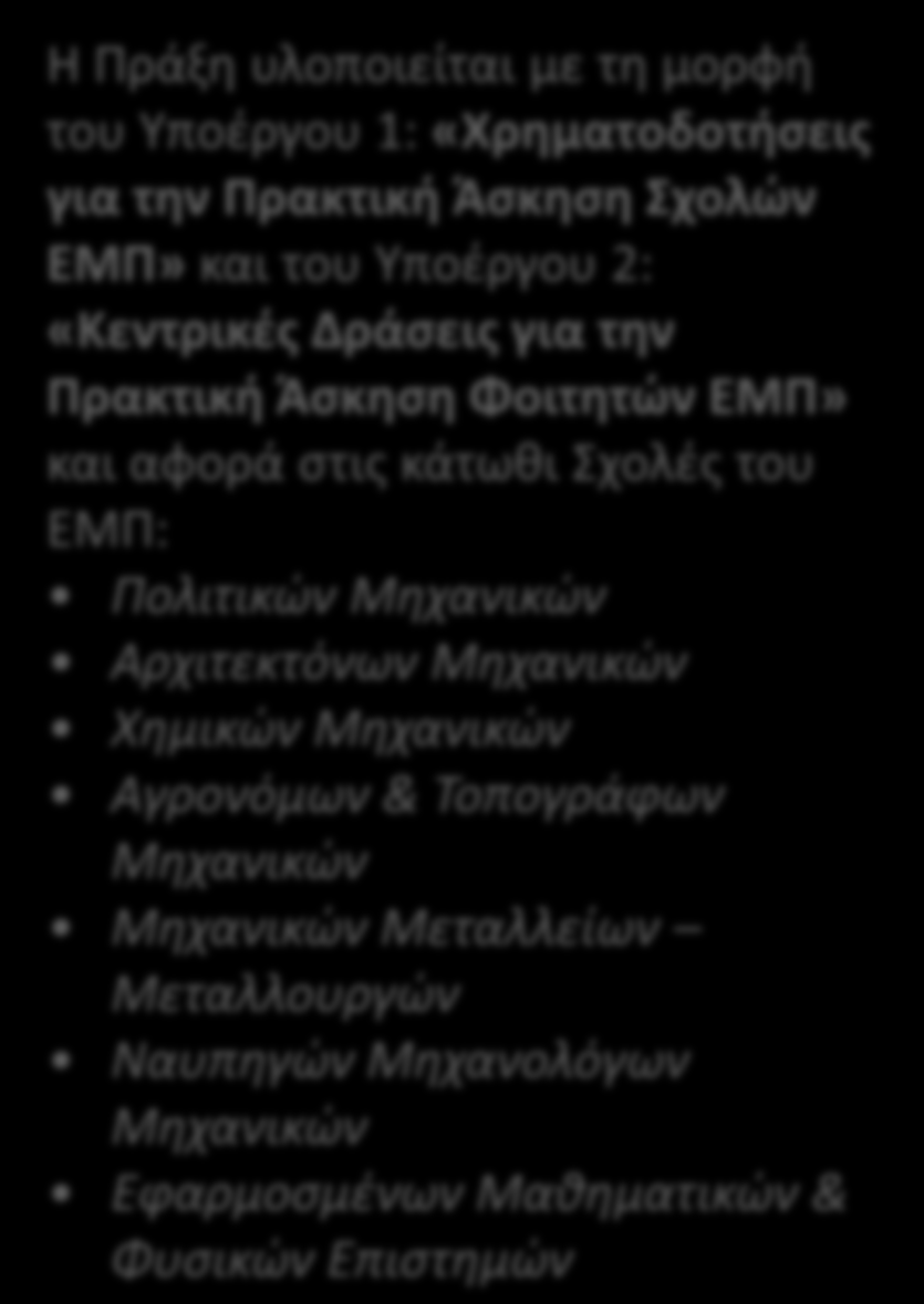 Η Πράξη υλοποιείται με τη μορφή του Υποέργου 1: «Χρηματοδοτήσεις για την Πρακτική Άσκηση Σχολών ΕΜΠ» και του Υποέργου 2: «Κεντρικές Δράσεις για την Πρακτική Άσκηση Φοιτητών ΕΜΠ» και αφορά στις κάτωθι