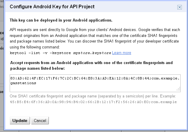 Εικόνα 21: Χρήση Google API (5) Στο pop up παράθυρο που εμφανίζεται καταχωρείται το SHA1 fingerprint που ανακτήθηκε προηγουμένως με την εντολή keytool.