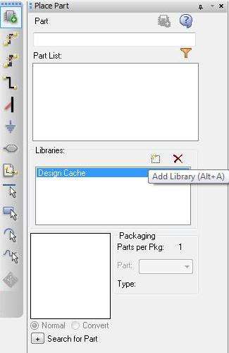 Οι διαθέσιμες βιβλιοθήκες απεικονίζονται στο πεδίο Libraries. Αρχικά παρατηρούμε ότι το πεδίο αυτό είναι άδειο. Περιέχει μόνο την «ψευδο-βιβλιοθήκη» Design Cache.
